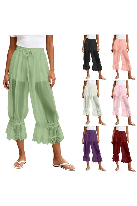 Women Sheer Mesh Layered Cropped Capri Pants Pajamas Elastic High Waist Lace Ruffle Hem Loose Flowy Culottes Summer Casual Lounge Pants