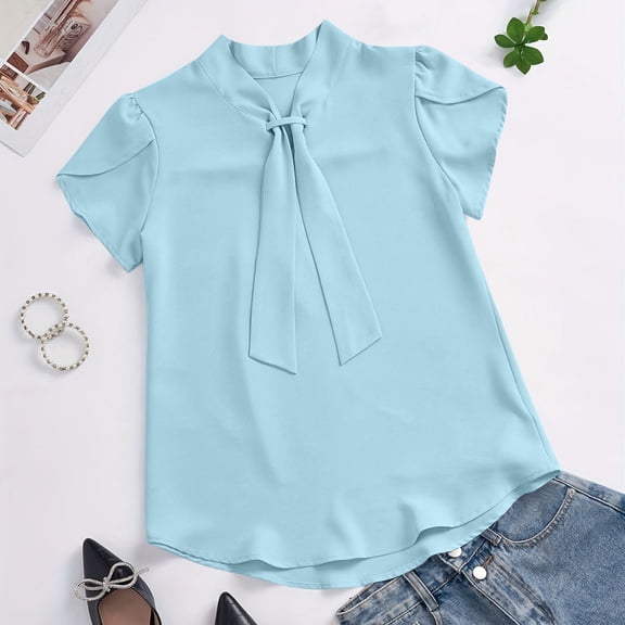 HongQid Women Short Sleeve Blouses Tie Neck Petal Tulip Sleeve Tops Work Business Shirts