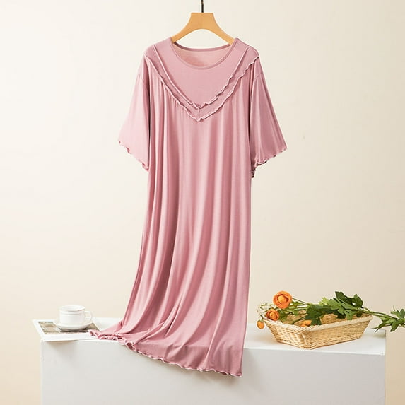 HongQid Women Short Sleeve Long Nightgown Soft Modal Cotton Sleepwear Maxi Nightshirts Loungewear Pink 2XL