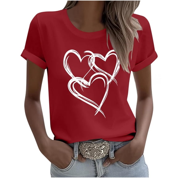 HongQid Women Short Sleeve Love Heart Graphic Funny Cute T Shirts Tee Casual Summer T Shirt Red Valentines(Gift Ideas)