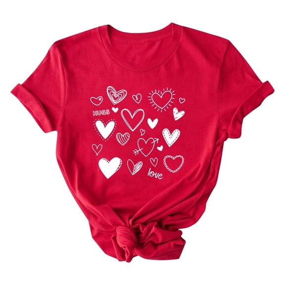 HongQid Women Short Sleeve Love Heart Graphic Funny Cute T Shirts Tee Casual Summer Tops Red Valentines(Gift Ideas)