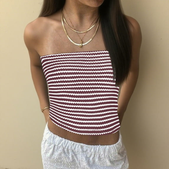 HongQid Women Strapless Striped Bandeau Tube Tops Y2K Aesthetic Sleeveless Backless Crop Tank Going Out Summer