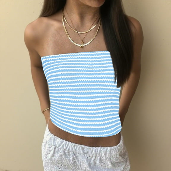 HongQid Women Strapless Striped Bandeau Tube Tops Y2K Aesthetic Sleeveless Backless Crop Tank Going Out Summer