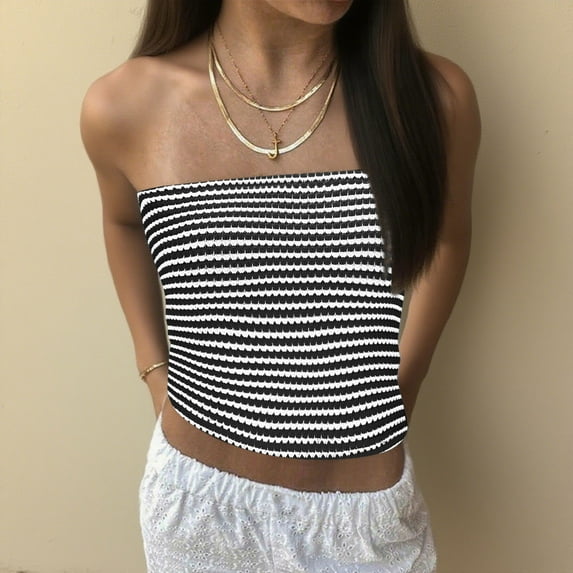 HongQid Women Strapless Striped Bandeau Tube Tops Y2K Aesthetic Sleeveless Backless Crop Tank Going Out Summer