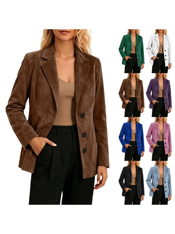Women Suede Blazer Jacket Long Sleeve Button Down Casual Work Outer Coat with Side Pockets Office Wear S-3XL