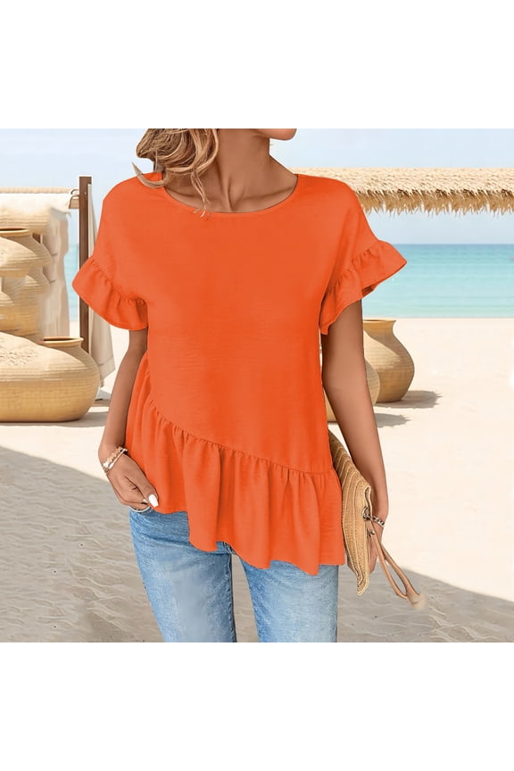 Women Summer Tops Pleated Short Sleeve Crew Neck Peplum Blouse Asymmetrical Hem Casual Loose Fit T Shirts