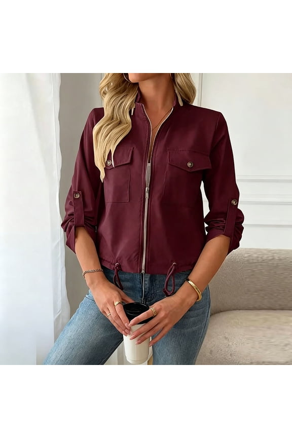 Women Utility Zip Up Cargo Jacket Stand Collar Cropped Jackets Long Sleeve Roll Tab Cuff Drawstring Hem Outer Coat with Chest Pockets S-3XL