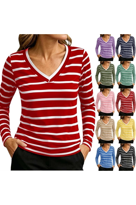 Women V Neck Long Sleeve Tops Color Trim Horizontal Stripe Slim Fit Pullover Top Casual Basic Striped Tee