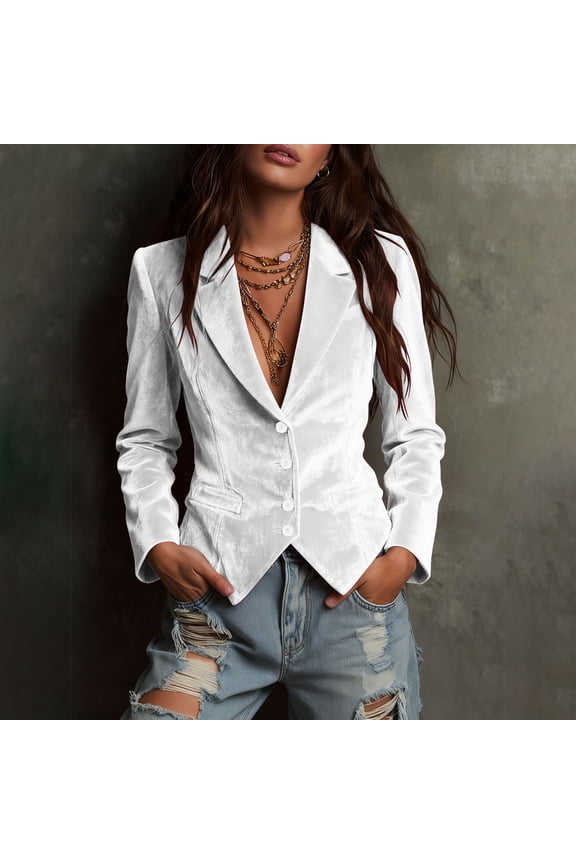 Women Vintage Velvet Blazer Jacket V-Neck Work Office Suit Slim Fit Slit Blazer Long Sleeves Dressy Coat