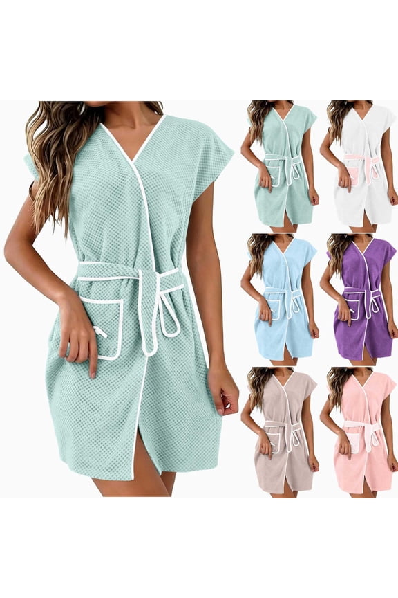 Women Waffle Knit Short Sleeve Bath Robe V Neck Tie Waist Spa Robe Lightweight Quick Dry Cover Up Loungewear Robe with Pockets for Shower Beach Hotel