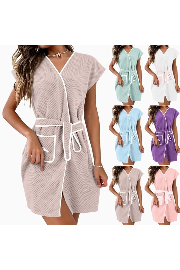 Women Waffle Knit Short Sleeve Bath Robe V Neck Tie Waist Spa Robe Lightweight Quick Dry Cover Up Loungewear Robe with Pockets for Shower Beach Hotel