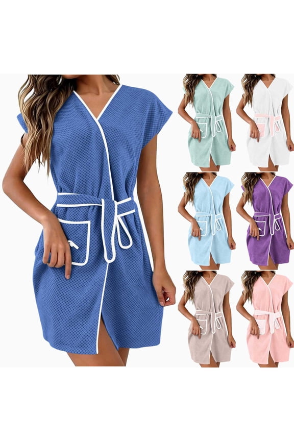 Women Waffle Knit Short Sleeve Bath Robe V Neck Tie Waist Spa Robe Lightweight Quick Dry Cover Up Loungewear Robe with Pockets for Shower Beach Hotel