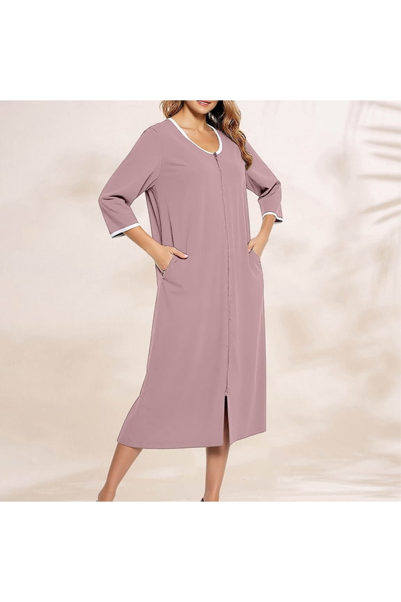 Women Zipper Robe Short Sleeve Duster Housecoat Short Bathrobes Zip Front Nightgown with Pockets