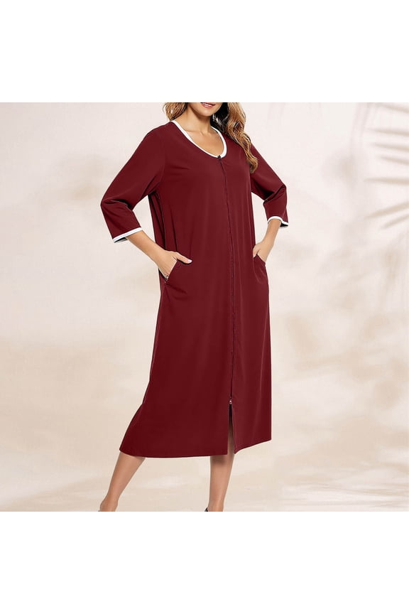 Women Zipper Robe Short Sleeve Duster Housecoat Short Bathrobes Zip Front Nightgown with Pockets