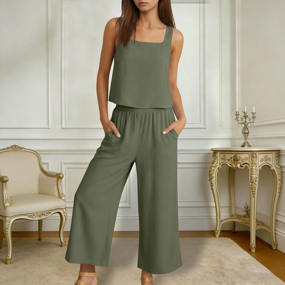 HongQid Women's 2-Piece Linen Blend Outfit, Sleeveless Square Neck Top & Wide Leg Capri Pants Set, Lightweight Breathable Matching Set for Summer Vacation & Daily Wear