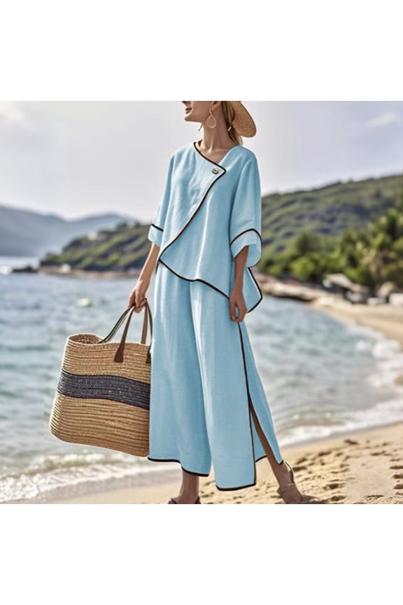 Women's 2 Piece Lounge Sets Casual Short Sleeve Pullover Tops Matching Wide Leg Pants Palazzo Pants Beach Summer Flax Tracksuit Set