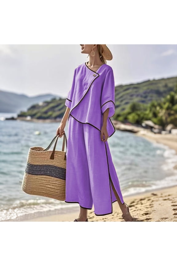 Women's 2 Piece Lounge Sets Casual Short Sleeve Pullover Tops Matching Wide Leg Pants Palazzo Pants Beach Summer Flax Tracksuit Set