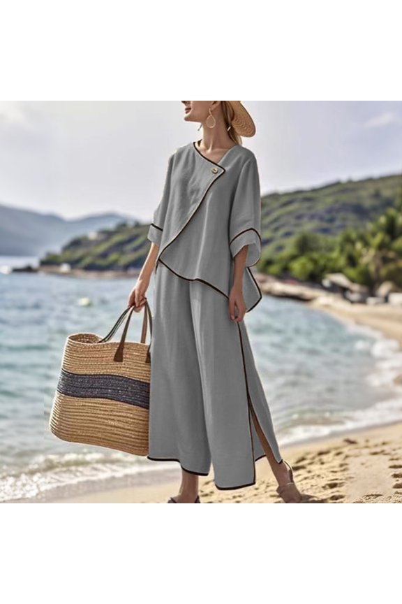 Women's 2 Piece Lounge Sets Casual Short Sleeve Pullover Tops Matching Wide Leg Pants Palazzo Pants Beach Summer Flax Tracksuit Set