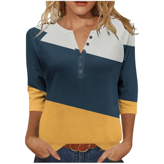 HongQid Women's 3/4 Length Sleeve Tops Crew Neck Blouses Shirts Dressy Casual Button Down Summer T Shirts