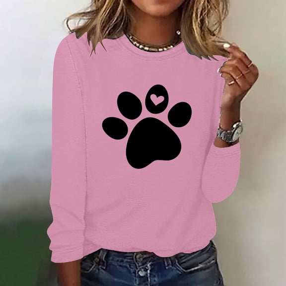 HongQid Women's 3/4 Sleeve Dog Paw Graphic T-Shirts Round Neck Cute Tops Basic Tees Blouses Casaul Tee Tops