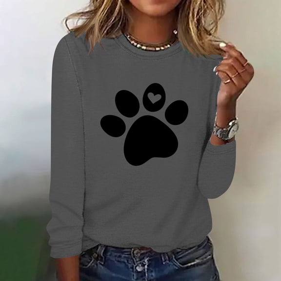 HongQid Women's 3/4 Sleeve Dog Paw Graphic T-Shirts Round Neck Cute Tops Basic Tees Blouses Casaul Tee Tops
