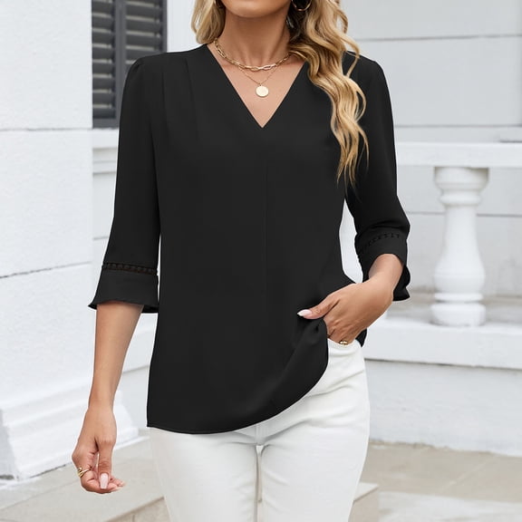HongQid Women's 3/4 Sleeve Tops Dressy Casual Pleated V Neck Business Work Blouses Office Shirts