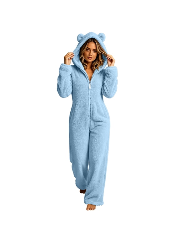 Women's Bear Ear Hooded Fleece Onesie, Full Zip Long Sleeve Plush Jumpsuit with Side Pockets for Cold Weather, Cozy Warm Loungewear Outfit Ladies Winter Home Sleepwear Clothing