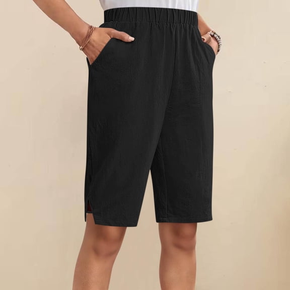 HongQid Women's Bermuda Shorts, High Waist Basic Stretch Casual Bottoms Knee Length Summer Athletic Short with Pockets