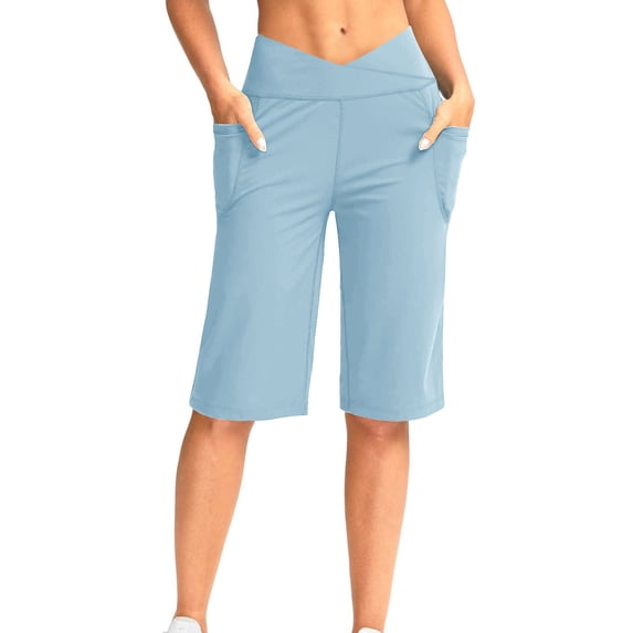 HongQid Women's Bermuda Shorts Knee Length High Waisted Stretchy Long Shorts with Pockets Athletic Casual Summer