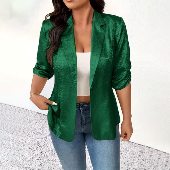 HongQid Women's Blazer Ruched 3/4 Sleeve Jacket Notch Lapel Evening Jacket Cardigan Open Front Casual Blazers