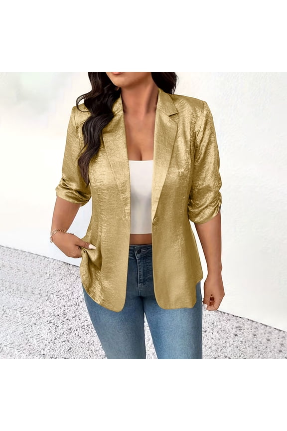 Women's Blazer Ruched 3/4 Sleeve Jacket Notch Lapel Evening Jacket Cardigan Open Front Casual Blazers