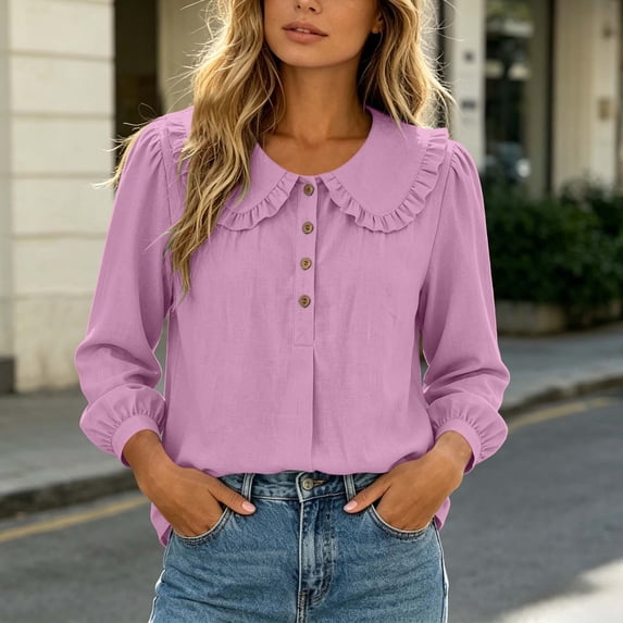 HongQid Women's Blouse Ruffle Peter Pan Collar Puff Long Sleeve Crinkle Ladies Lightweight Henley Loose Spring Summer Office Casual Clothes