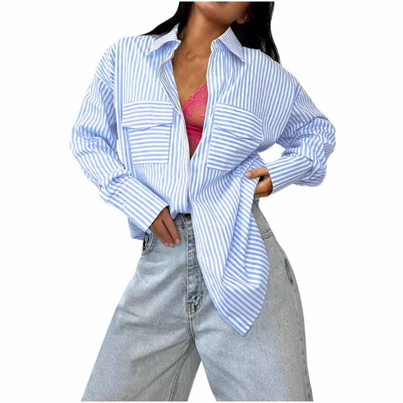 HongQid Women's Blouses Striped Long Sleeve Shirts Button Down Loose Fit Casual Tops