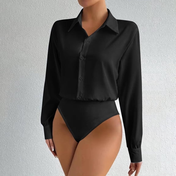 HongQid Women's Body Suits Collared Lapel Neck Loose Fit Long Sleeve Bodysuit Shirt
