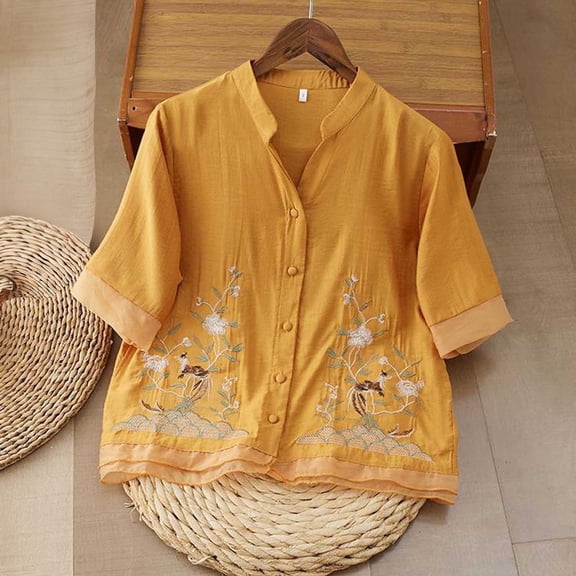 HongQid Women's Boho Floral Embroidered 3/4 Sleeve Blouses Button Band Collar V-Neck Casual Summer Shirt