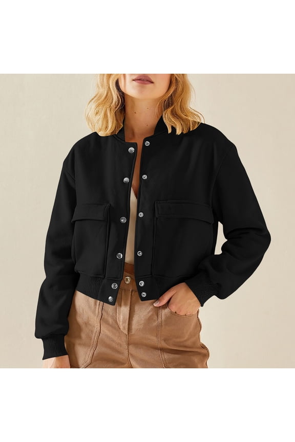 Women's Bomber Jackets Winter Trendy Varsity Jackets Shackets Button Down Cropped Coats with Pockets