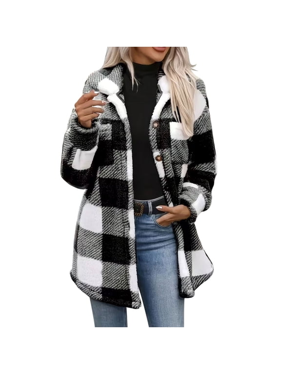 Women's Buffalo Plaid Fleece Lined Shacket Button Front Stand Collar Side Pockets Thick Warm Plush Inner Lining Long Sleeve for Fall Winter Fashion Casual Outerwear Jacket Coat