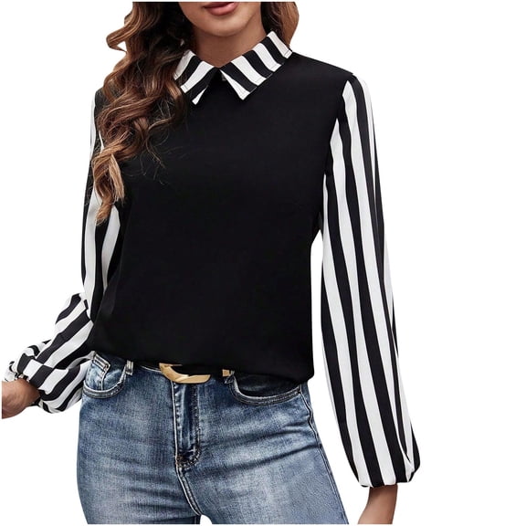 HongQid Women's Button Down Dressy Shirt Blouse Striped Long Sleeve Collared Office Work Tops Shirts