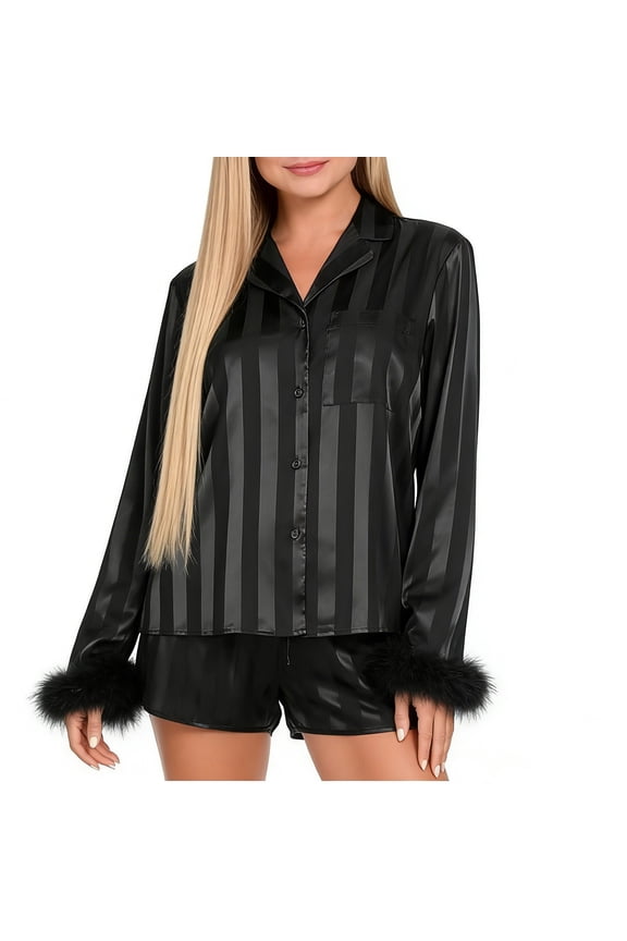 Women's Button Down Pajama Set Faux Fur Cuff Long Sleeve with Shorts Pj Loungewear 2PCS