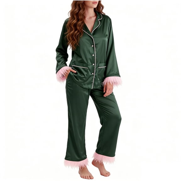 HongQid Women's Button Down Pajama Set Faux Fur Cuff Lounge Set Long Sleeve and Pants Pj Loungewear 2PCS