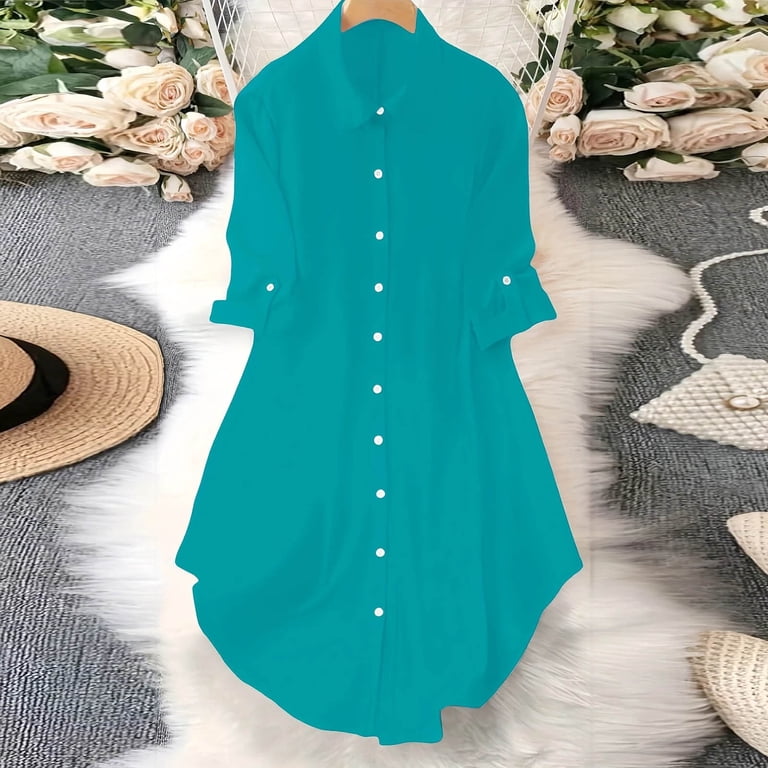 HongQid Women's Button Down Shirt Dress with Pockets Oversize Collared Long Sleeve High Low Tunic Dresses Blouse