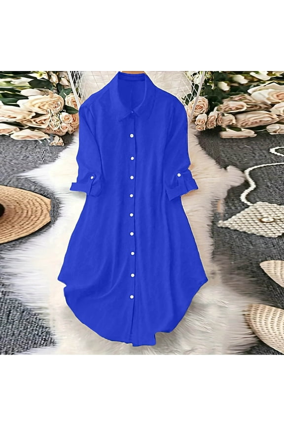Women's Button Down Shirt Dress with Pockets Oversize Collared Long Sleeve High Low Tunic Dresses Blouse