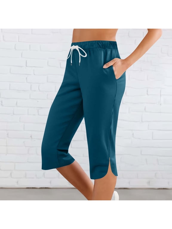 Women's Capri Pants - Full Elastic Waist Pedal Pushers - Ladies Pull-On Cropped Pants - Side Pockets
