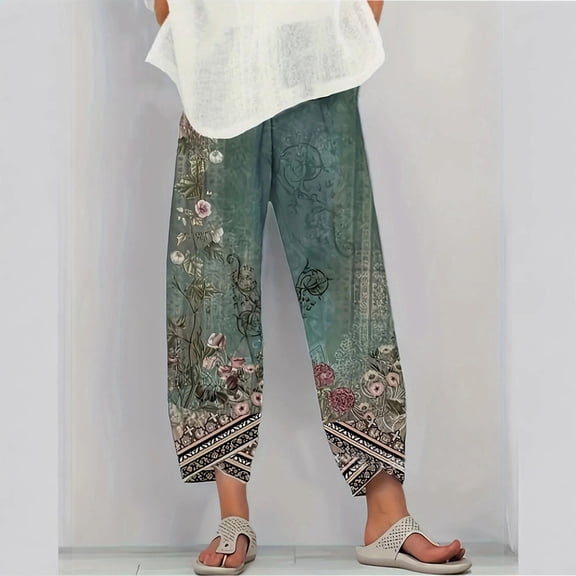 HongQid Women's Capri Pants Summer Floral Printed Bohemian Loose Casual Trouser