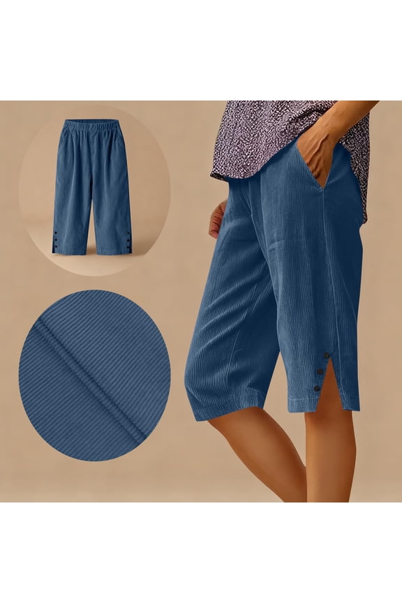 Women's Capri Pants - Summer Full Elastic Waist Pedal Pushers Cotton - Ladies Pull-On Cropped Pants Side Slits - Side Pockets