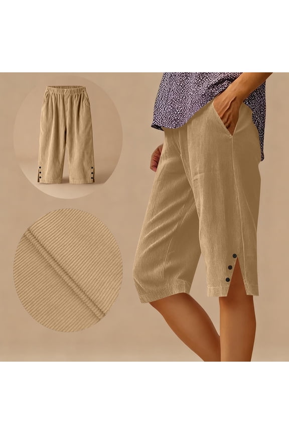 Women's Capri Pants - Summer Full Elastic Waist Pedal Pushers Cotton - Ladies Pull-On Cropped Pants Side Slits - Side Pockets