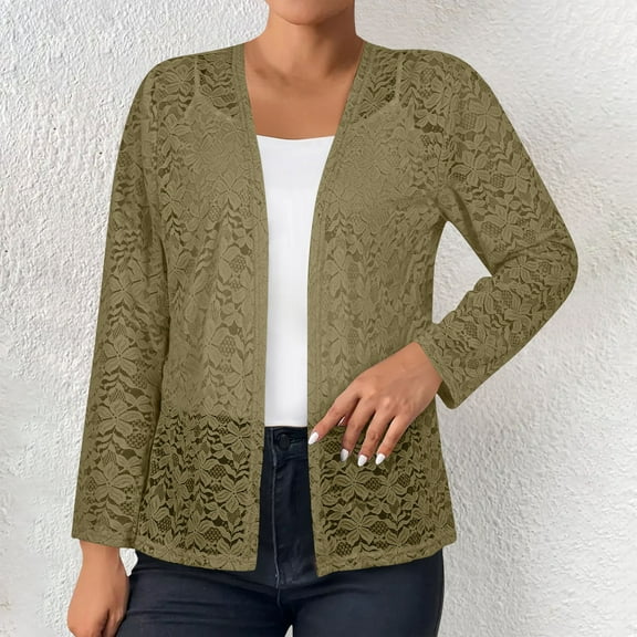 HongQid Women's Cardigan Lightweight Long Sleeve Open Front Hollow Lace Long Sleeve Tops