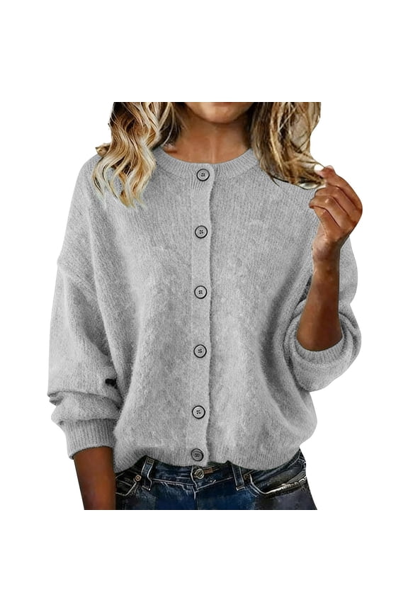 Women’s Cardigans Casual Loose Button Up Long Sleeve Crewneck Knit Cardigan Sweaters Open Front Outerwear Coats