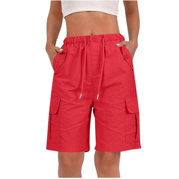HongQid Women's Cargo Shorts with Multi-Pocket Design Bermuda Drawstring Elastic Waist Utility Casual Summer Bottoms for Hiking & Streetwear