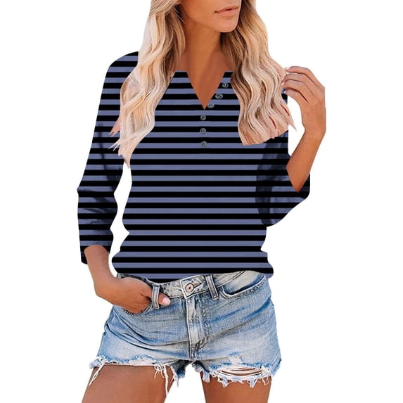 HongQid Women's Casual 3/4 Sleeve T Shirts Button V Neck Tunic Blouses Striped Basic Tee Tops Loose Fit Shirt